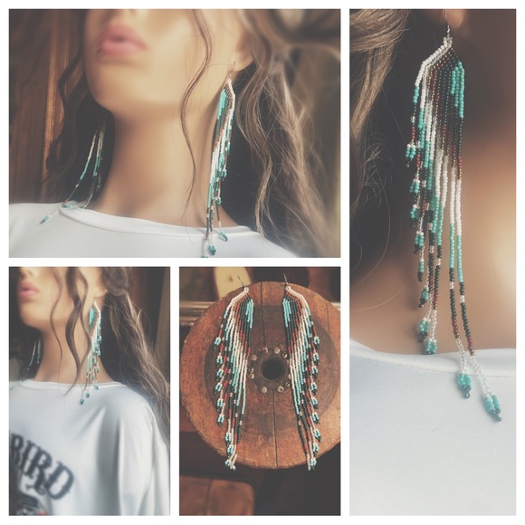 Artisan Crafted Beaded Bohemian Dusters | Long Multi-Tone Fringe Earrings - Picture 2 of 11